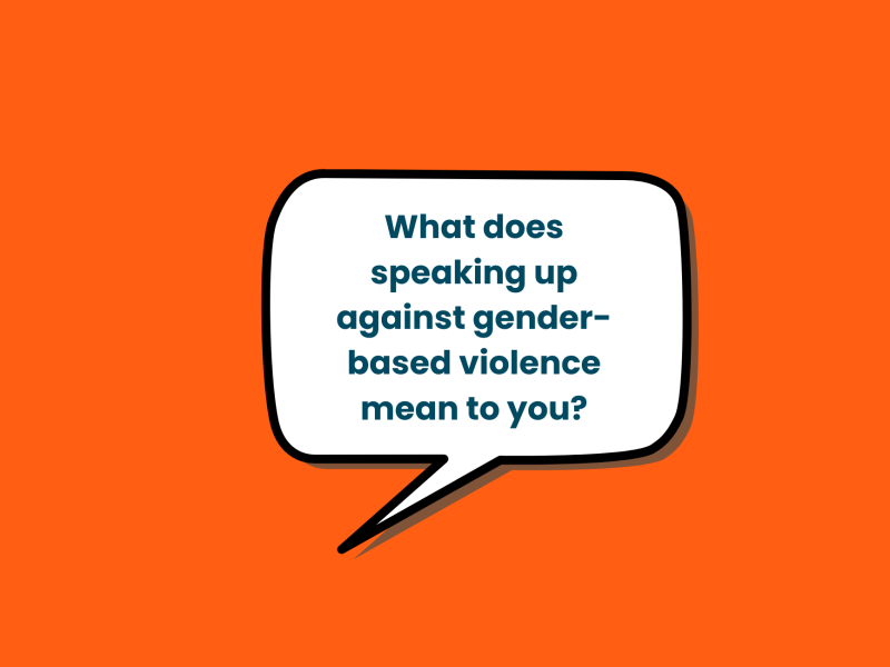 A speech bubble on a bright orange background with the question: 'What does speaking up against gender-based violence mean to you?'